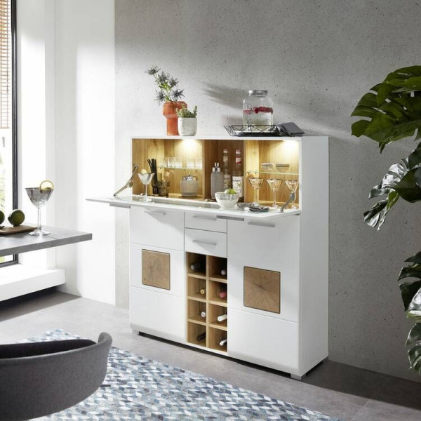 Barschrank Hausbar Weinschrank Minibar FARO-36 matt weiß mit Eiche Nb. und LED Beleuchtung, B/H/T: c